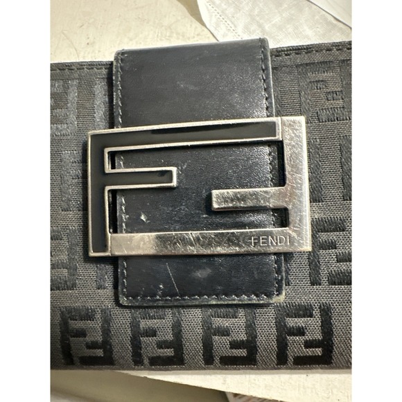 Fendi Long Wallet Zucca Monogram Black Leather Canvas Silver Buckle Authentic - Picture 12 of 13